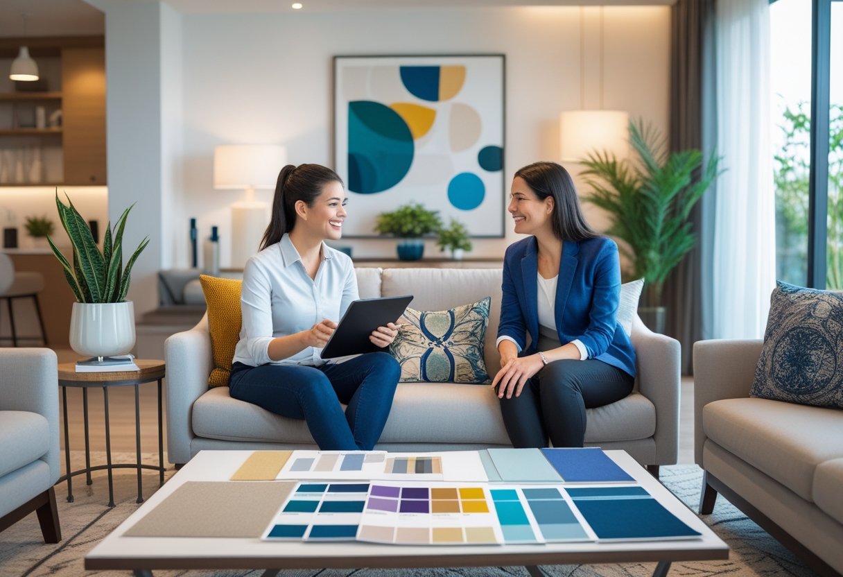 Two people discussing interior design plans in a modern living room with samples and furniture around them.